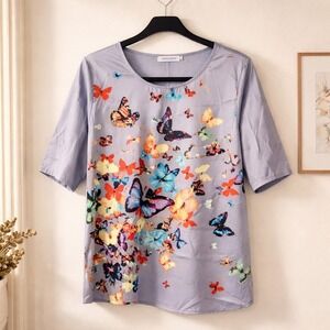 Misslook L Womens Butterfly Garden Print‎ Short Sleeve Top Gray Multi Color